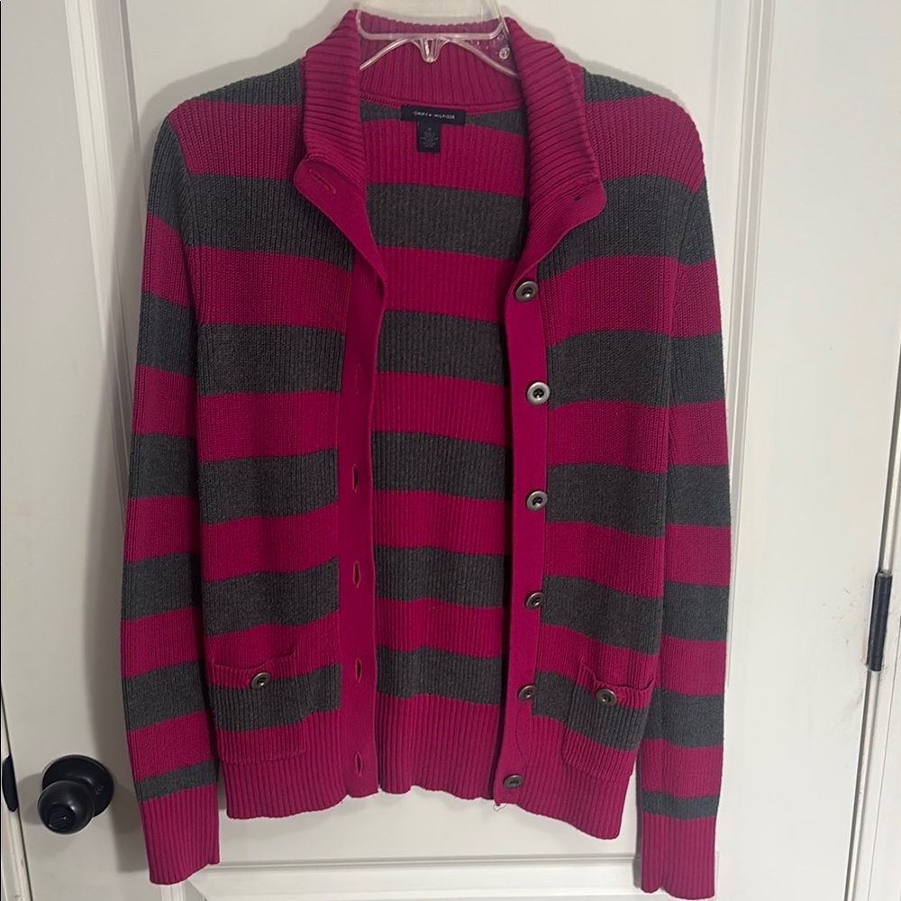 Tommy Hilfiger Striped Pink and Gray Women's Sweater